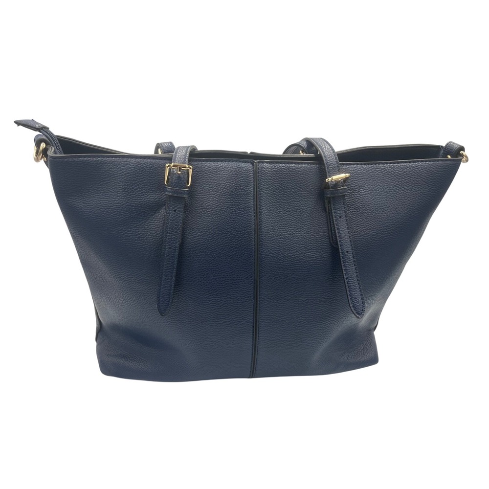Navy Blue Pebbled Faux Leather Tote Bag Gold Hardware Adjustable Straps Large